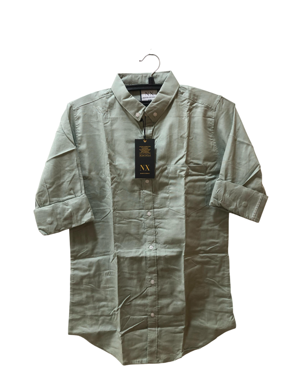 NX Sage Green Cotton Casual Shirt – Roll-Up Sleeve | Button-Down