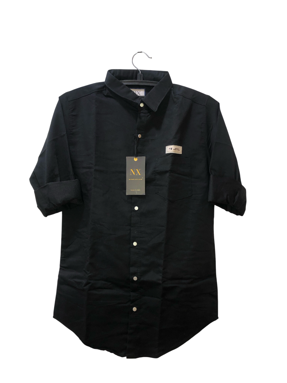 NX Jet Black Cotton Shirt – Smart Casual | Roll-Up Sleeve