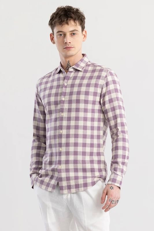 Men's Cotton Casual Printed Checkered Stylish Latest Shirt for Men (Purple; Large)