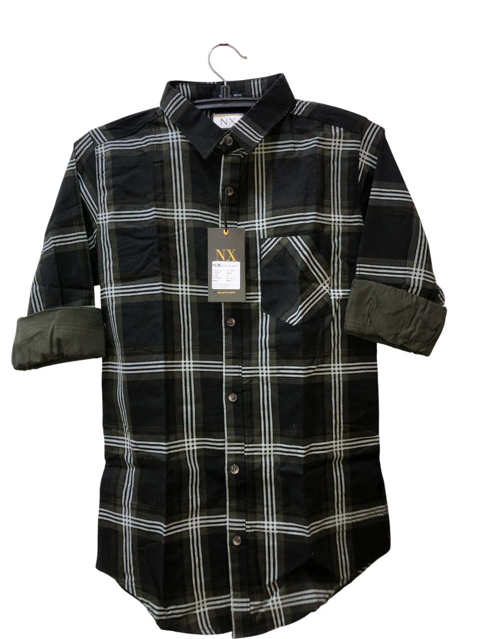 NX Black & Olive Green Checkered Shirt – Cotton Casual | Roll-Up Sleeves