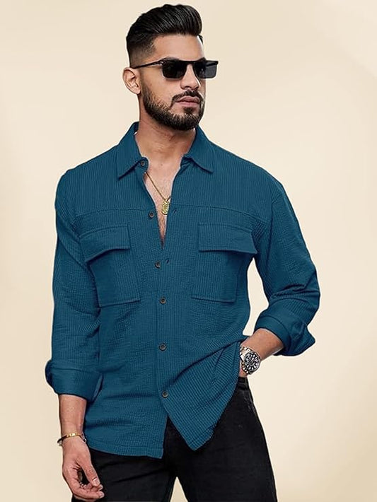 IndoPrimo Men's Regular Fit Fancy Double Pocket Casual Shirt for Men Full Sleeves - Cargo