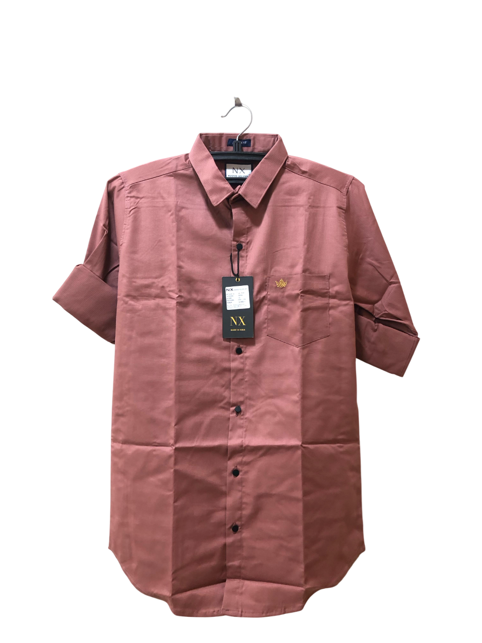 NX Light Peach Textured Cotton Shirt – Roll-Up Sleeve | Subtle Crown Embroidery