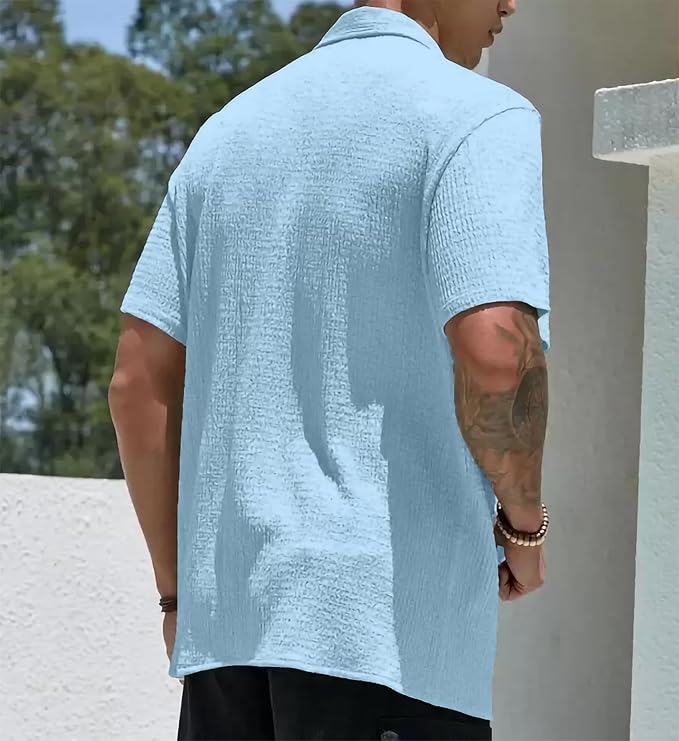 Men's Textured Polycotton Short Sleeve Shirt, Light Blue, Casual Button Down Collared