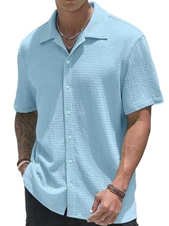 Men's Textured Polycotton Short Sleeve Shirt, Light Blue, Casual Button Down Collared