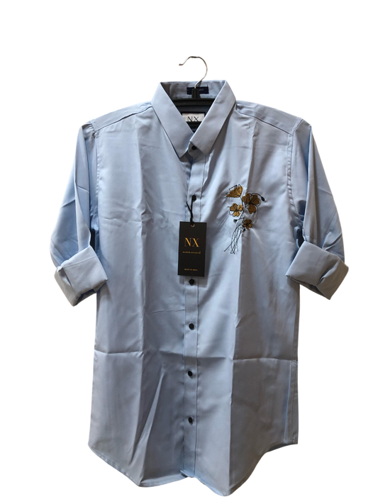 NX Sky Blue Floral Embroidered Cotton Shirt – Full Sleeve