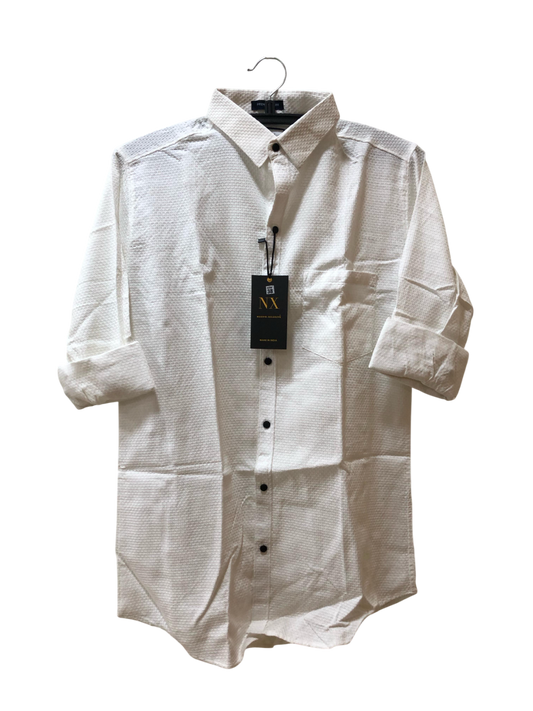 NX Textured White Premium Cotton Shirt – Roll-Up Sleeve | Black Buttons