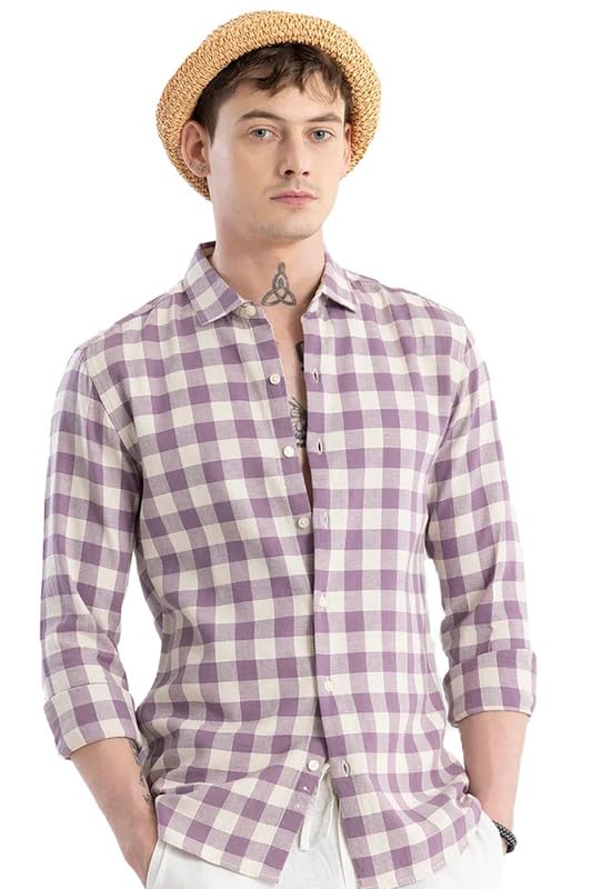 Men's Cotton Casual Printed Checkered Stylish Latest Shirt for Men (Purple; Large)