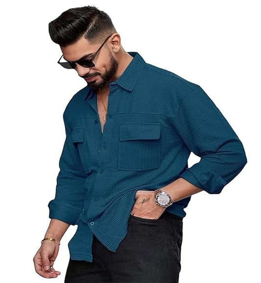 IndoPrimo Men's Regular Fit Fancy Double Pocket Casual Shirt for Men Full Sleeves - Cargo
