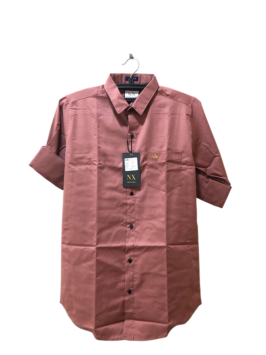 NX Light Peach Textured Cotton Shirt – Roll-Up Sleeve | Subtle Crown Embroidery